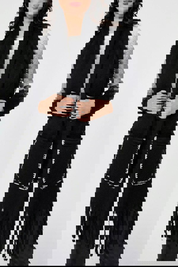 Black | Fringed Contrast Stitch Oversized Scarf
