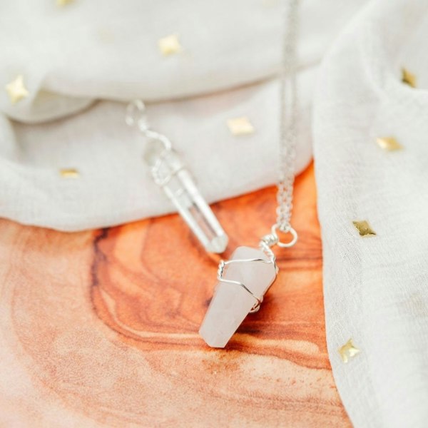 The Colourful Aura Clear Quartz Crystal Point Pillar Wire Wrapped Natural Stone Pencil Necklace