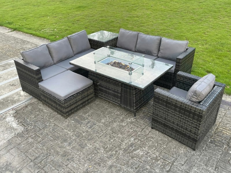Fimous Rattan Garden Corner Furniture Gas Fire Pit Table Dining Sets Gas Heater Lounge Chair Big Footstool Side Coffee Table