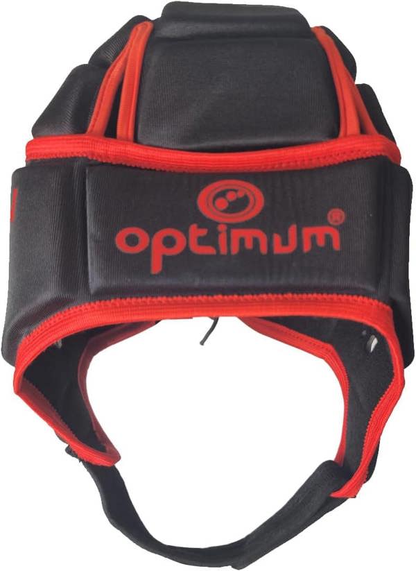 Black Origin rugby headguard with red trim and red Optimum logo, front view with chin strap - Optimum