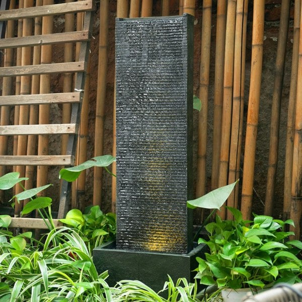 H98cm Rectangle Waterfall Stone Look Water Fountain LED Light Black Fountains & Waterfalls Living and Home 