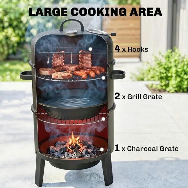 3-in-1 Vertical Charcoal Smoker with 2 Grill Grates, Built-in Thermometer, Adjustable Vent, 2 Doors