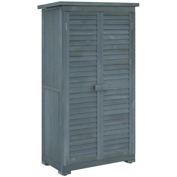Grey fir wood garden shed with double doors and horizontal slat panels, hinged front.