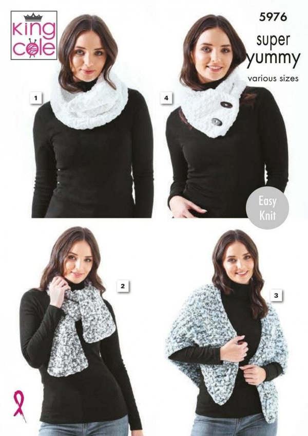 King Cole Super Yummy Knitting Pattern 5976, Shawls, Scarves, Wraps for Women, One Size - Easy