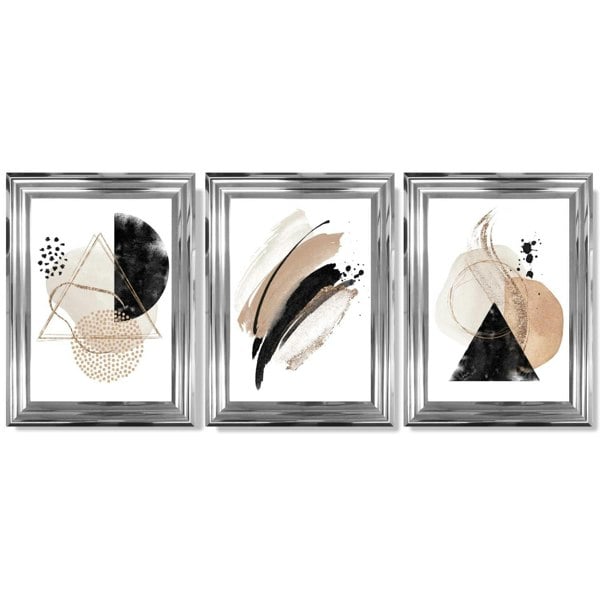 Artze Wall Art Abstract Black Beige Set of 3 Watercolour Shapes Framed Wall Art