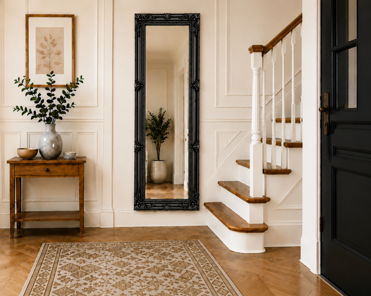 Downton Interiors Antique Style Black Tall Ornate Dressing Wall Mirror with Bevelled Glass 142cm