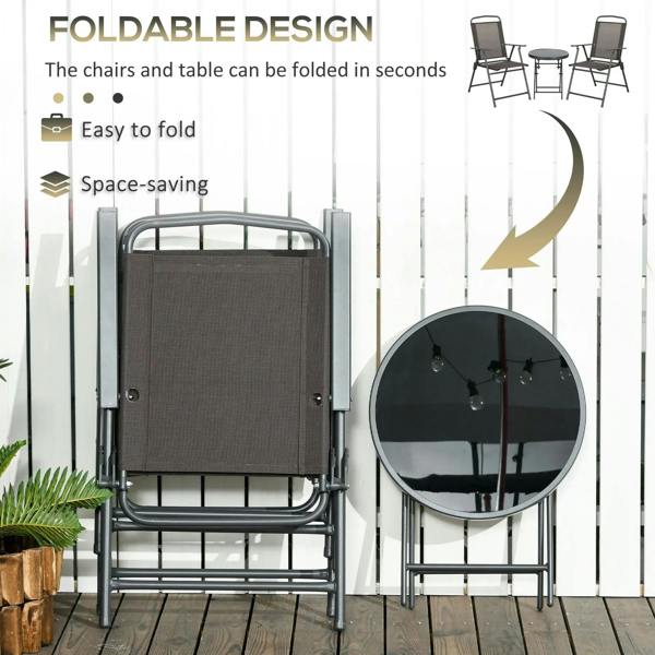 Folded mesh armchairs and round table with glossy dark glass top, space-saving