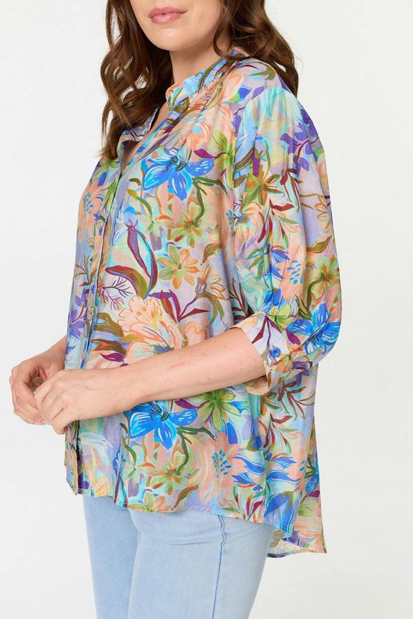 Purple | Floral 3/4 Sleeve Relaxed Shirt
