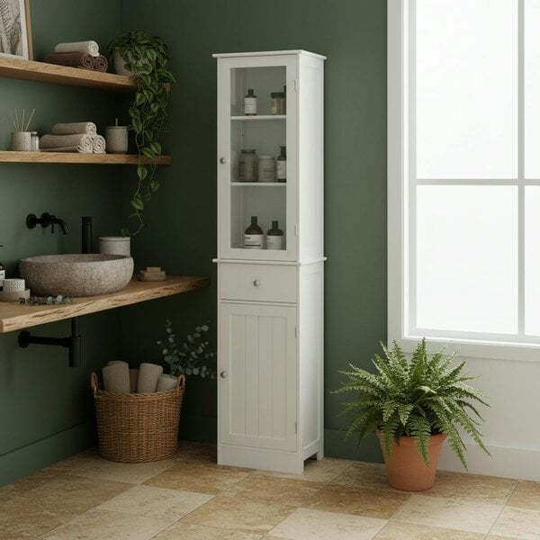 Wyld Haus Ramila Tall Bathroom Storage Cabinet With Shelves Drawer And Door In White