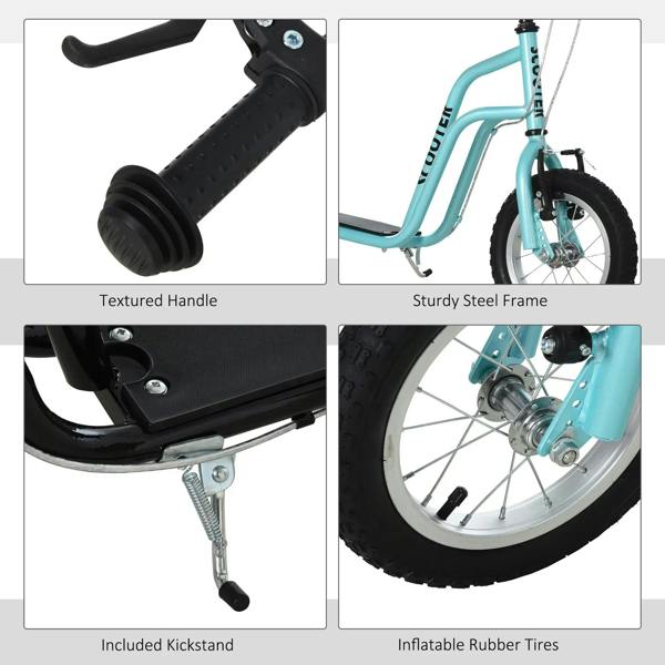 Teal kids kick scooter details: textured handle, kickstand, and 12-inch inflatable tires