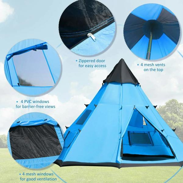 Blue tipi tent with zipper door, 4 top mesh vents, and multiple windows