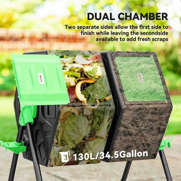 Black dual-chamber compost bin with green lids open, showing two filled compartments