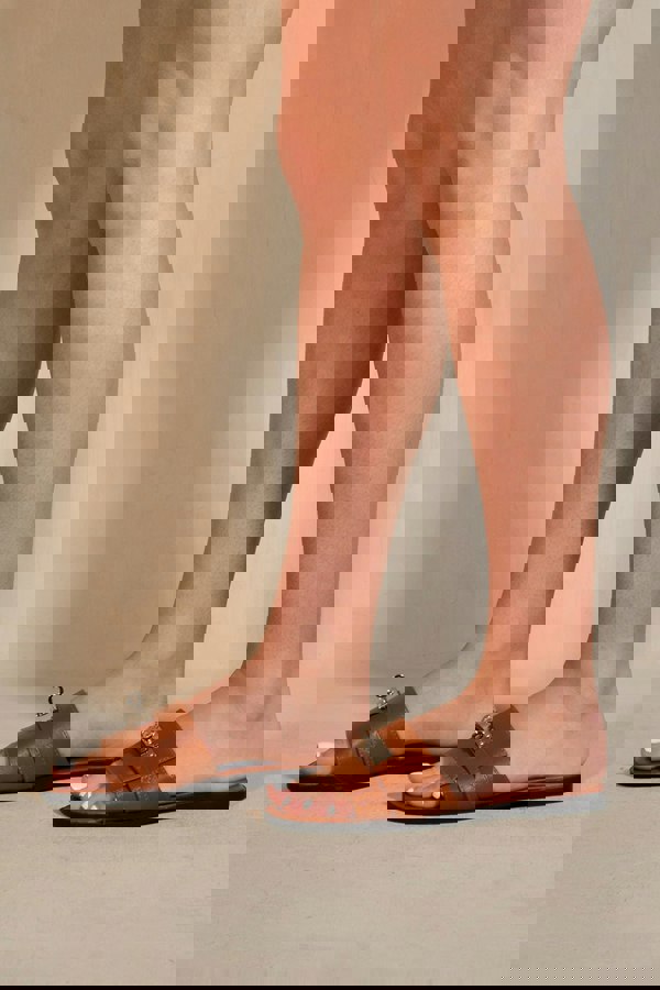 Where's That From Emmeline Single Band Slider Sandals With Buckle Detail in Tan