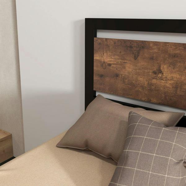 Single metal bed frame corner view with headboard, rustic brown panel back and black side rails