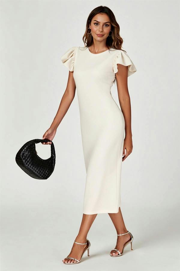 FS Collection Volume Sleeve Bodycon Midi Dress In Off White