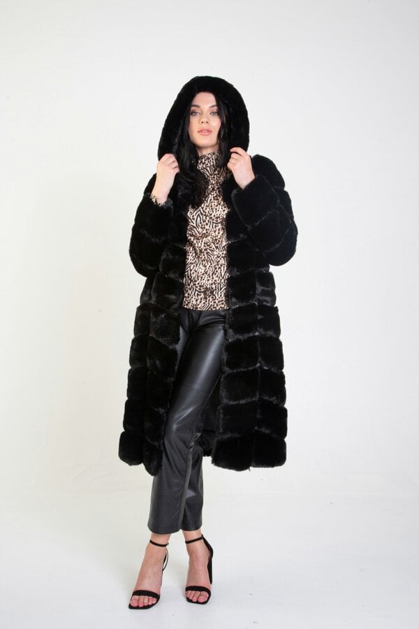 Gini London Black Panelled Hooded Longline Fur Coat