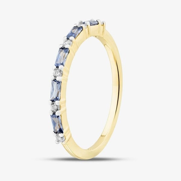 T. H. Baker Silver Gold Plated Blue Baguette Cut & Brilliant Cut Cubic Zirconia Half Eternity Ring S2210Y