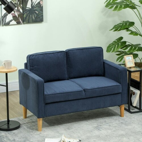 Wyld Haus Rozike Nodi Corduroy Blue Compact 2 Seater Sofa Natural Wooden Legs