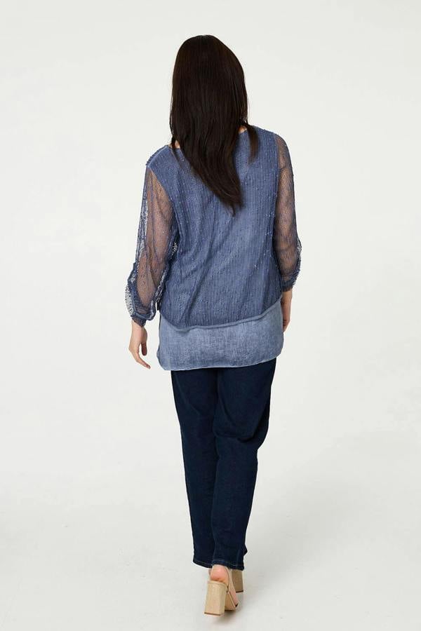 Navy | Sparkly Mesh Scarf Detail Layered Top