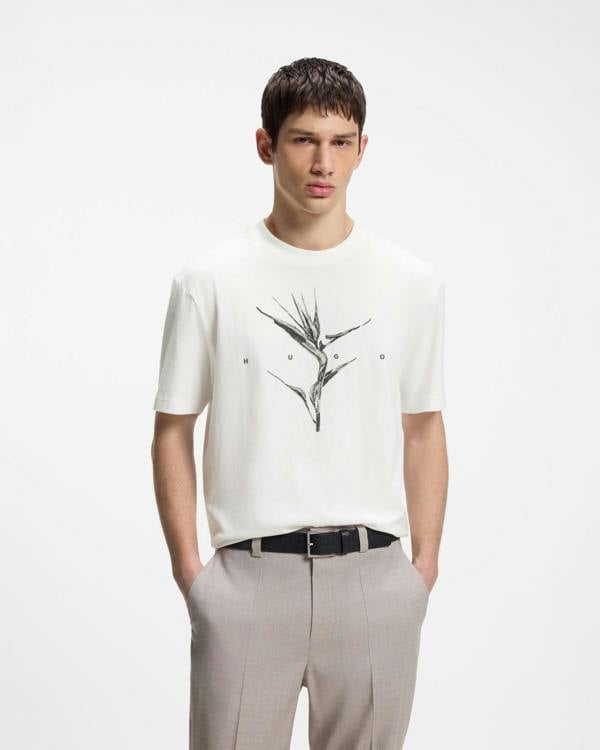 HUGO Darise Mens Relaxed-Fit T-Shirt with Artwork and Logo - Natural 102 | CHO | Designer Mens Short Sleeve T-Shirts