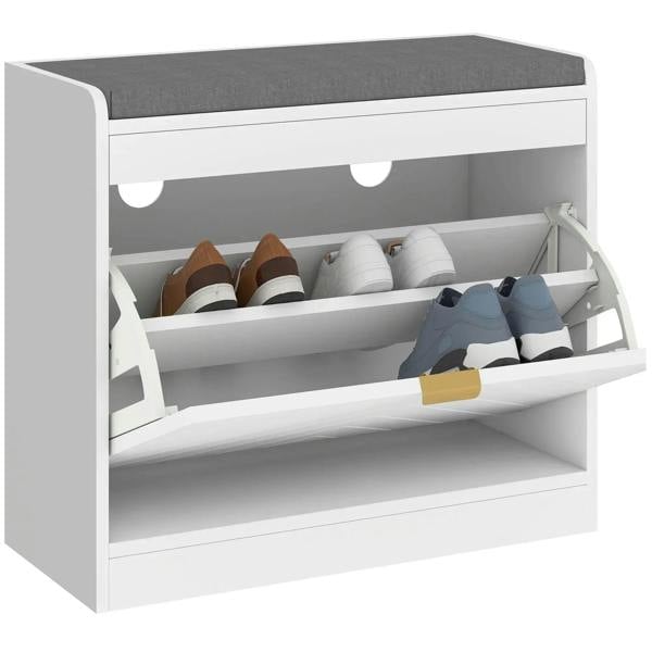 White upholstered entryway shoe bench with gray seat, open flip drawer storage