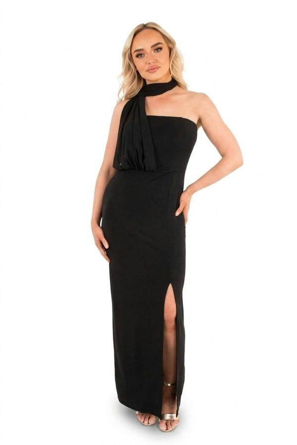 Celeste High Slit Draped Scarf Maxi Dress - Black_wb