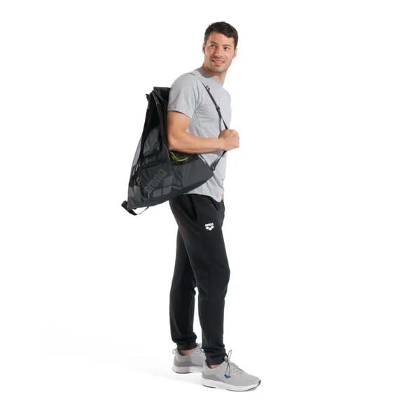 Black Arena All Set Mesh Bag 40L backpack with neon green accents