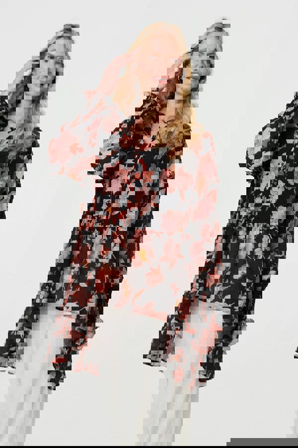 Black | Floral Long Sleeve Longline Tunic Blouse
