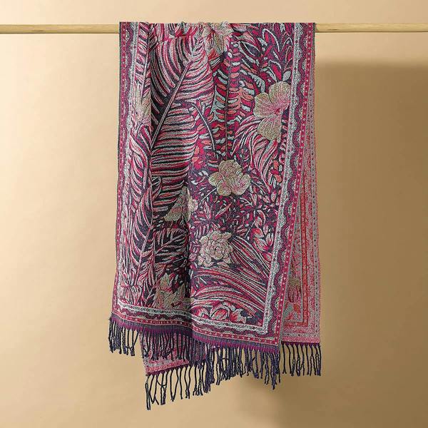 Pia Woven Gardens Navy Fuchsia Jacquard Scarf, Reversible