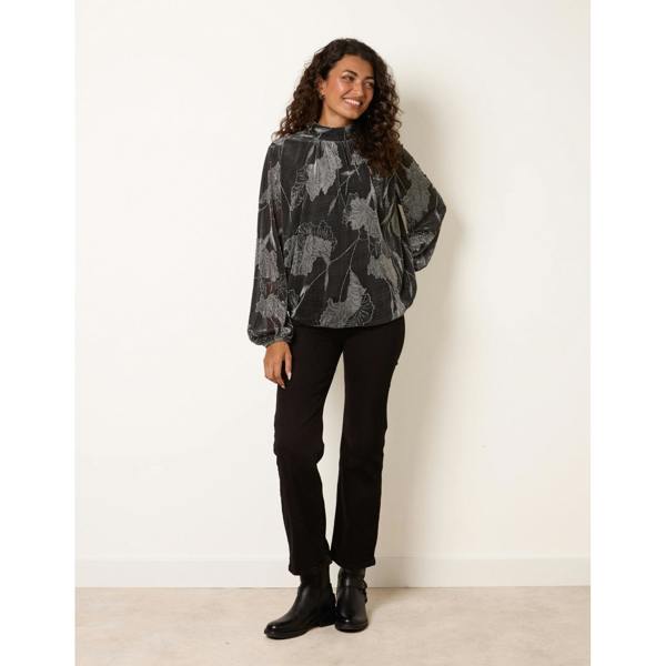 Blue Vanilla Metallic Floral High Neck Puff Ball Blouse