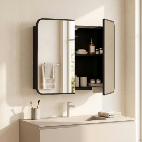 HOMCOM Bathroom Medicine Mirror Cabinet, Bathroom Wall Cabinet, Black