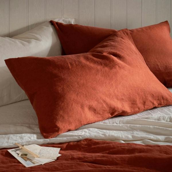 Burnt Orange French Linen Bed Sets - breathable, natural, close-up detail 3 | Soak and Sleep