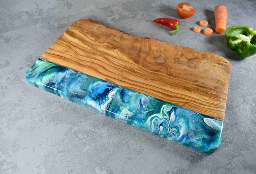 Large Rustic Olive Wood Board with Ocean Blue Resin Art 40cm 