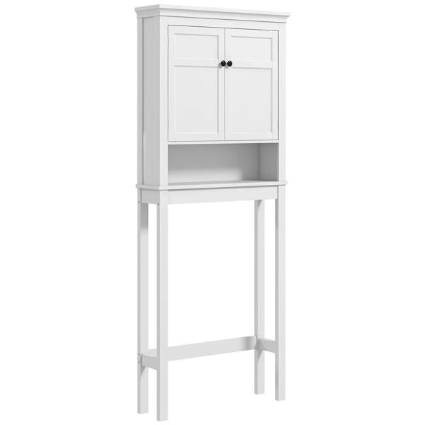 White storage cabinet for above toilet/appliances with two doors and open lower shelf.