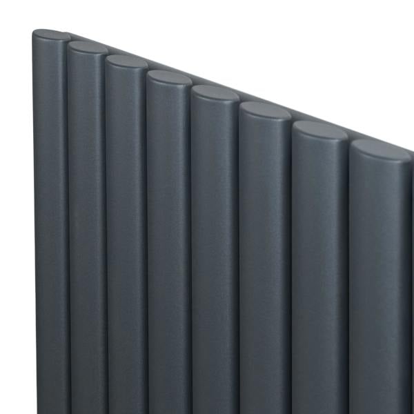 Anthracite grey oval single column radiator with a sleek, modern design featuring smooth, rounded tubes and a compact 600 x 600mm size