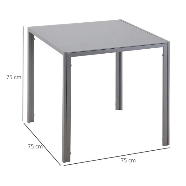 Grey square dining table with tempered glass top, metal legs, size shown