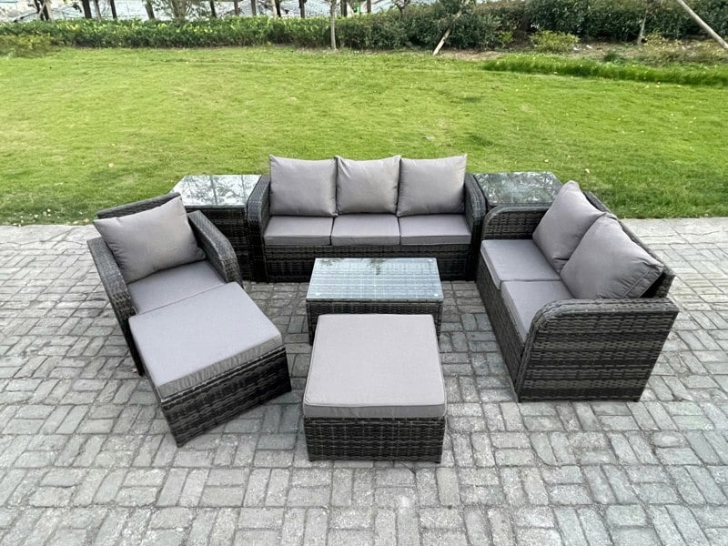 Fimous 8 Piece Rattan Outdoor Sofa Set - Rectangular Coffee Table, Loveseat, 2 Big Footstools & 2 Side Tables
