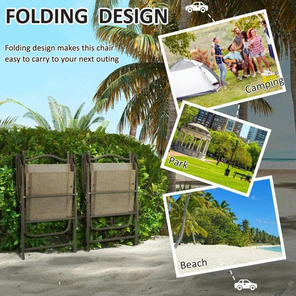 Pair of folded garden chairs with fabric mesh seats and dark metal frames
