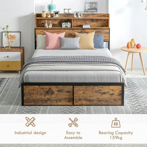 Wyld Haus Sata 4FT8 Rustic Brown and Black Industrial Double Bed Frame with Shelves