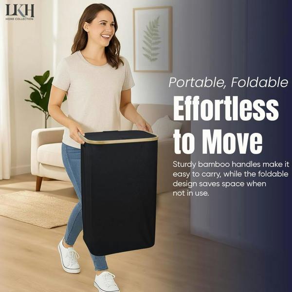 LKH HOME COLLECTION LKH Laundry Basket with Lid 100 Litre-600D Polyester Clothes Hamper-Laundry with Bamboo Handles-44x33x70cm