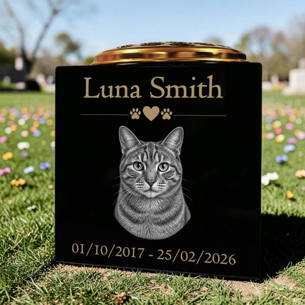 Memorials Direct Cat Memorial Granite Photo Vase