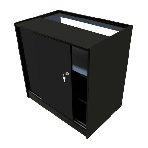 Sleek black LED retail shop counter B900 featuring a glass top, sliding door, and side shelving for organized display and storage