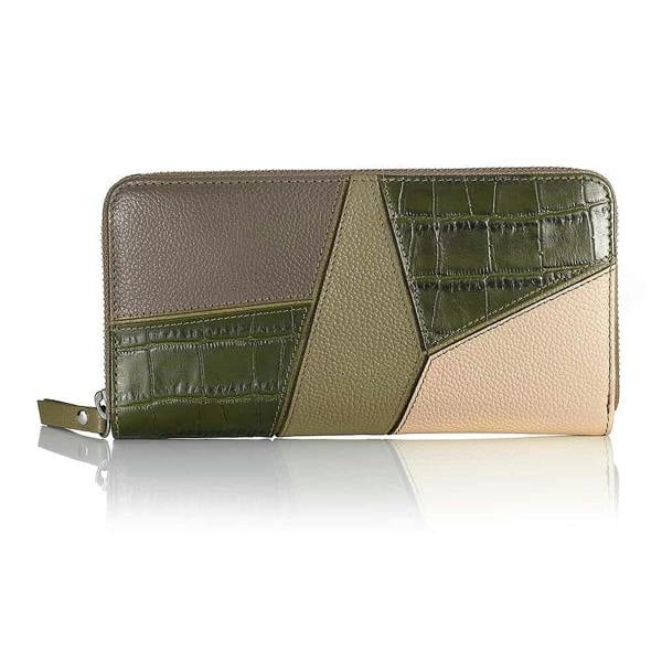 Pia Colour Block Leather Purse, Olive & Ecru Geometric Wallet with Zip