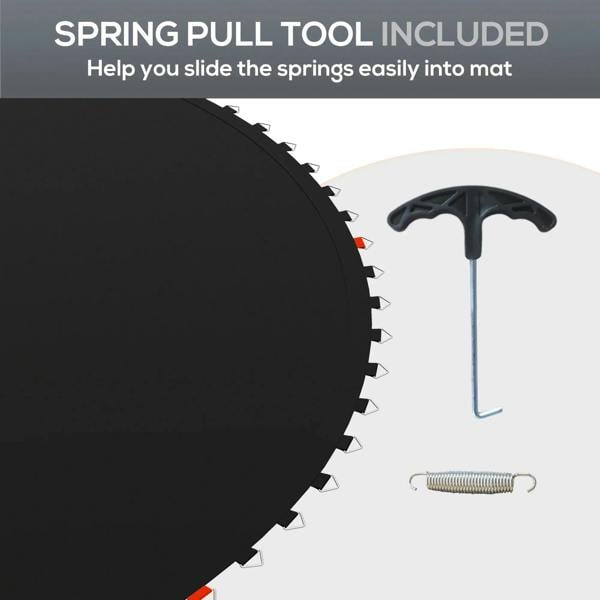 Black trampoline mat with V-hooks and included spring pull tool and spring