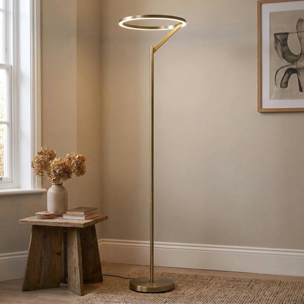 Designer Floor Lamp in Antique Brass with Large LED Halo Light Ring Image 6