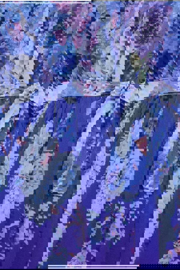 Flutter Sleeve A-Line Chiffon Floral Printed Midi Dress - Royal Blue DR4481