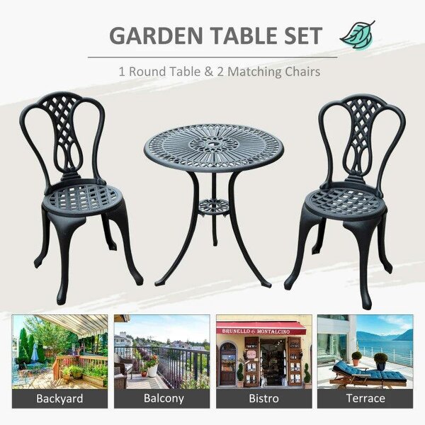 3 Piece Small Patio Furnture Cast Aluminium Bistro Set Garden Outdoor Table and Chairs Shabby Chic Style