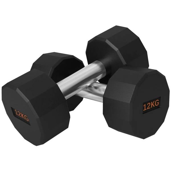 Pair of black hex rubber dumbbells, 12kg each, textured non-slip grip