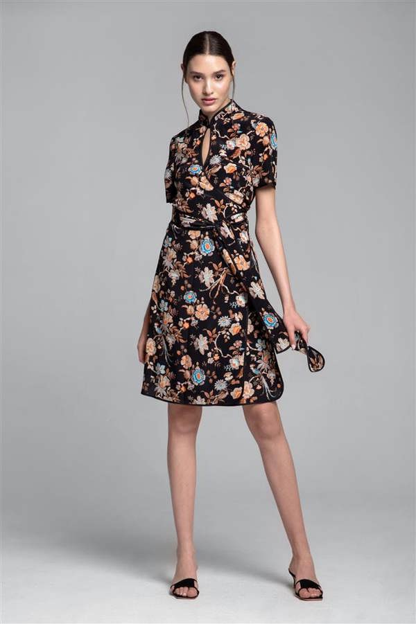 Rumour London Akiko kimono-style silk wrap dress with oriental print in black