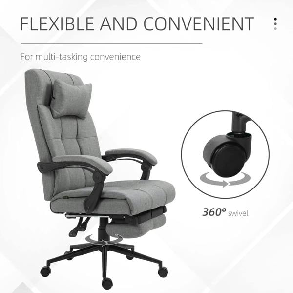 Light grey swivel ergonomic chair with headrest and padded footrest on caster base